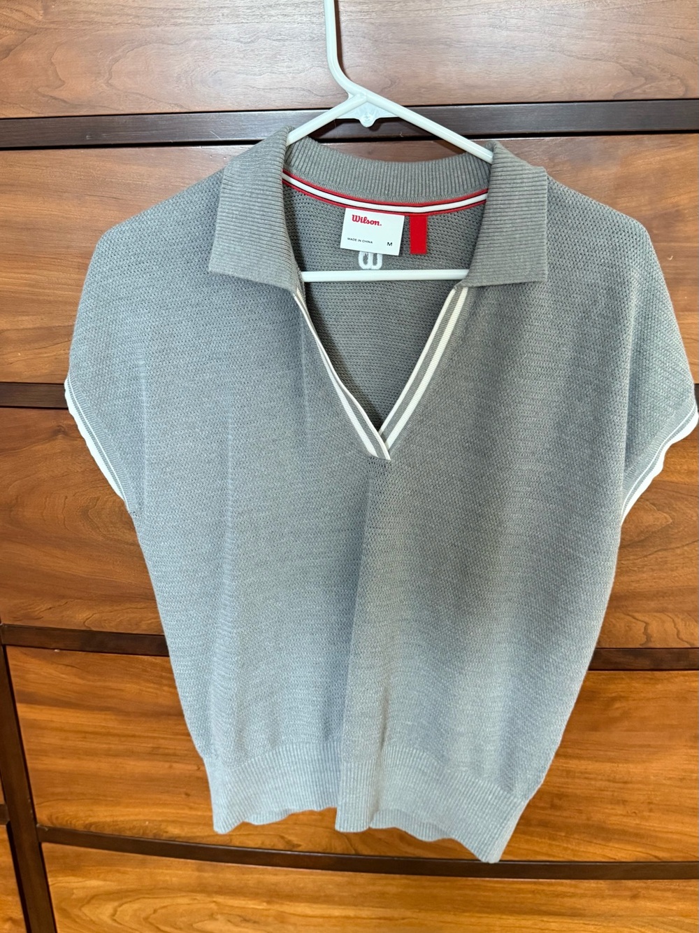 Wilson Light Gray V-Neck Polo Sweater with White Trim